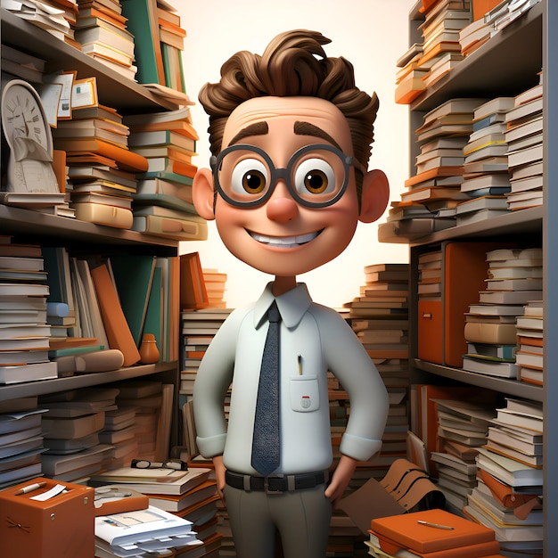 Foto personagem de desenho animado de um homem com óculos de pé em uma estante