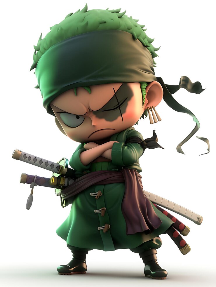 Foto personagem de desenho animado de um homem com um chapéu verde e uma roupa verde segurando duas espadas