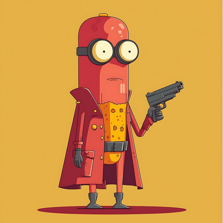 Foto personagem de desenho animado de um homem de casaco vermelho segurando uma arma