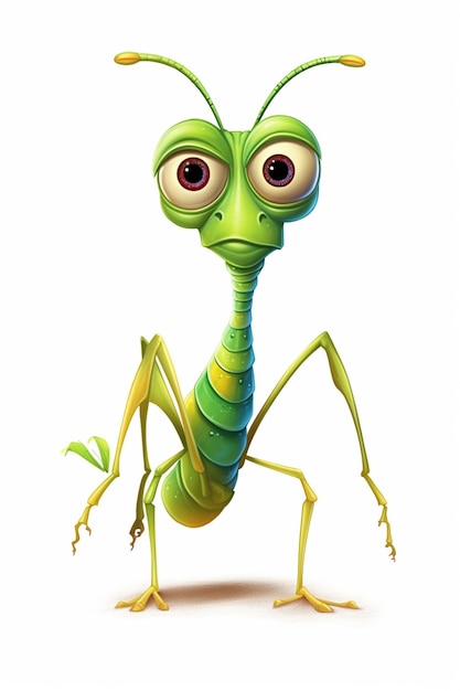 Personagem de desenho animado de um mantisce verde com olhos grandes e uma longa antena generativa ai