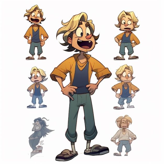 personagem de desenho animado de um menino com diferentes poses e expressões generativa ai