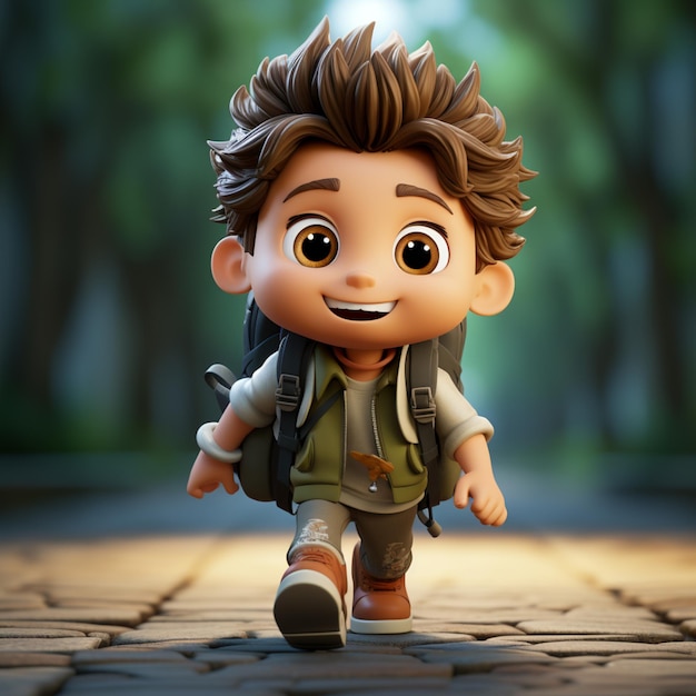 personagem de desenho animado de um menino com uma mochila caminhando pela rua