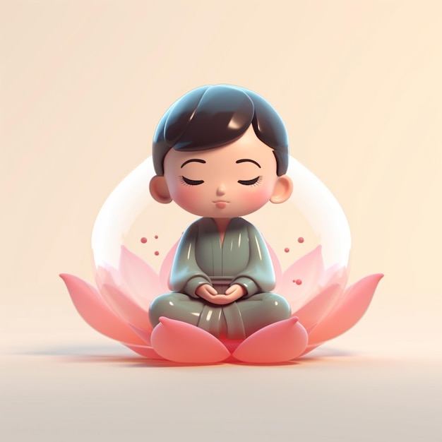 Personagem de desenho animado de um menino sentado em uma flor de lótus