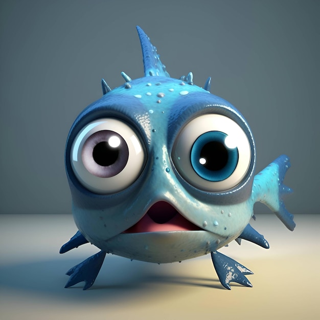 Personagem de desenho animado de um peixe com uma expressão de surpresa 3d render