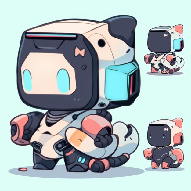 Personagem de desenho animado de um robô com um gato e um gato com um computador generativo ai