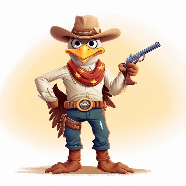 Personagem de desenho animado de uma galinha cowboy segurando uma arma generativa ai