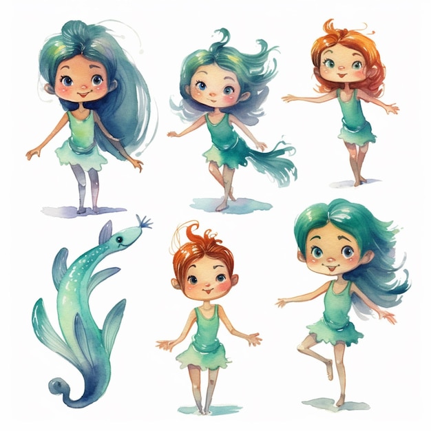 Personagem de desenho animado de uma menina com diferentes estilos de cabelo generativo ai