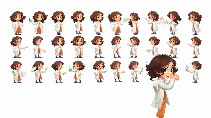Foto personagem de desenho animado de uma mulher em uma bata de laboratório com muitas expressões diferentes