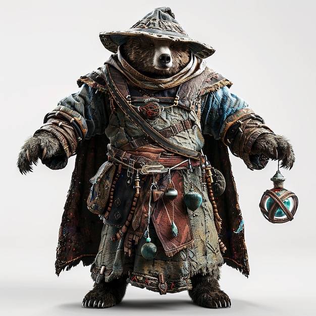 Personagem de desenho animado de urso feiticeiro usando chapéu mágico Personagem de filme de desenho desenhado de urso mágico bonito