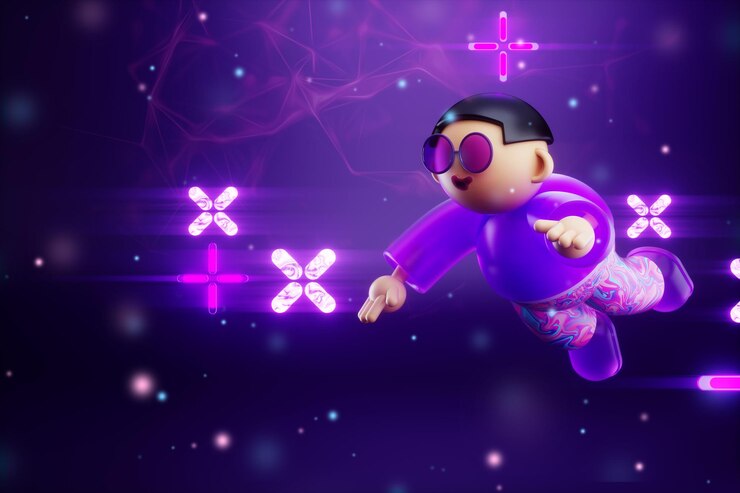 Foto personagem de desenho animado dentro do metaverso de realidade digital virtual conceito de tecnologia do metaverso do futuro cyberuniverse comunicação blockchain rede futurista ilustração 3d renderização em 3d