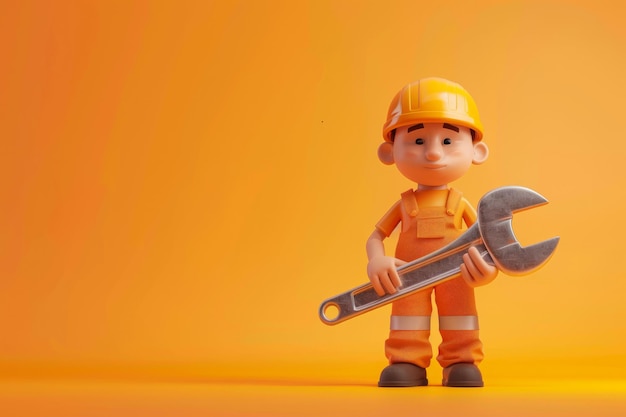 Personagem de desenho animado do estilo D de um trabalhador da construção segurando uma chave grande