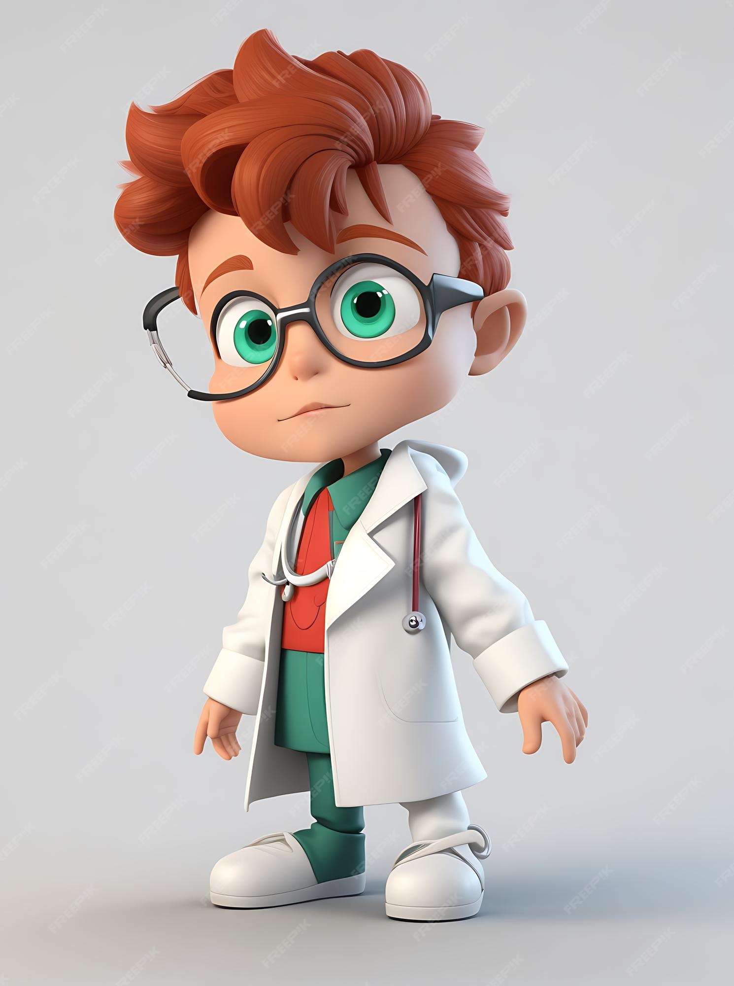 Um personagem de desenho animado médico masculino em fundo branco