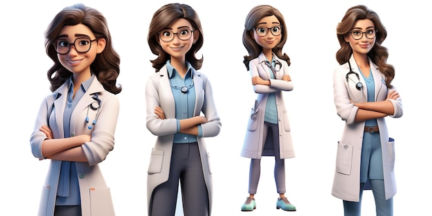 Personagem de desenho animado em 3D de várias médicas de pé com os braços cruzados