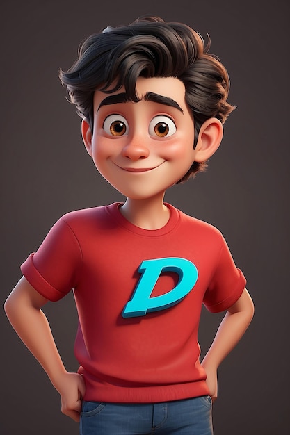 Foto personagem de desenho animado em camisa vermelha com desenho de letra d