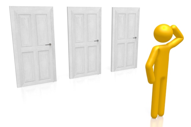 Foto personagem de desenho animado em frente à ilustração 3d do conceito de escolha de portas