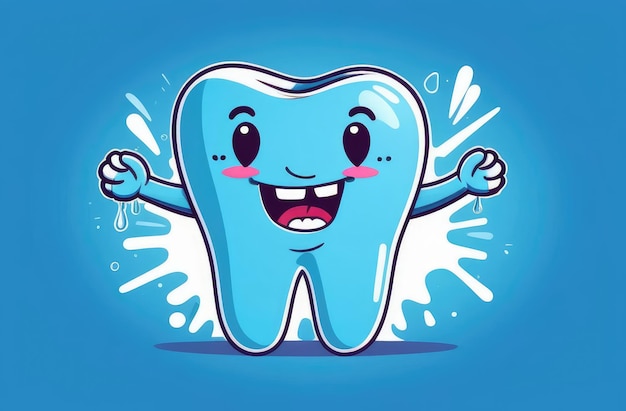 Foto personagem de desenho animado engraçado de dente branco em fundo azul odontologia pediátrica estomatologia