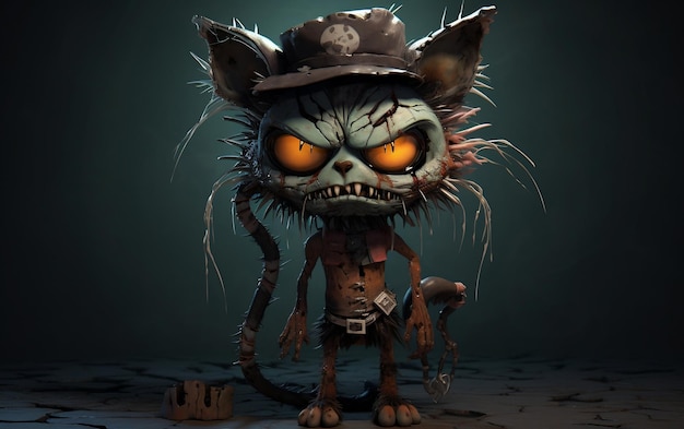 Personagem de desenho animado felino assustador e gato zumbi para IA generativa de Halloween