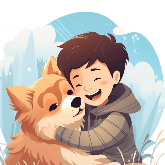 Personagem de desenho animado feliz abraçando cão Ilustração para cartão ou livro infantil