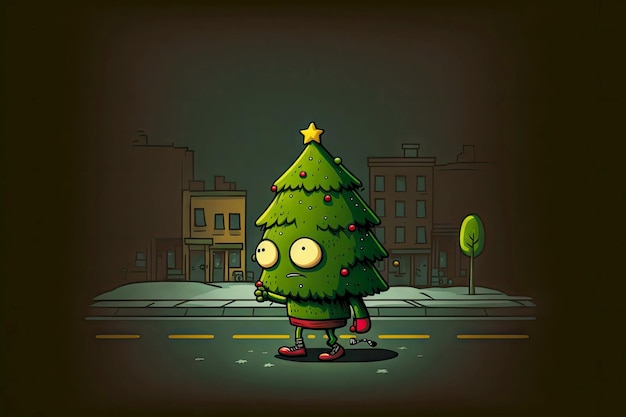 Foto personagem de desenho animado fofo de árvore de natal andando na cidade contra fundo preto