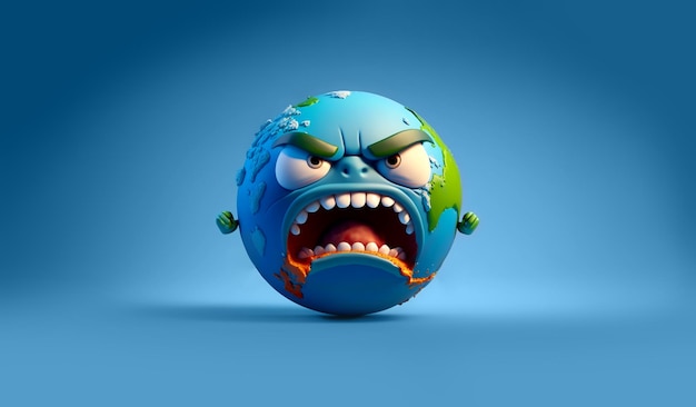 Personagem de desenho animado gerado por IA com raiva do planeta Terra com olhos em fundo azul
