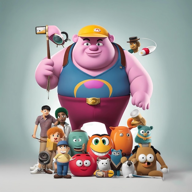 Personagem de desenho animado gigante rosa em 3D com um monte de outros personagens