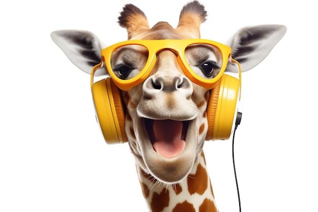 Personagem de desenho animado girafa engraçada usando óculos amarelos e fones de ouvido