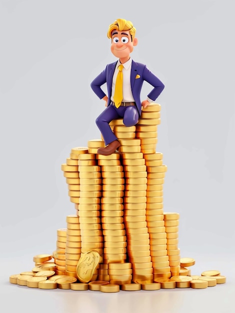 Personagem de desenho animado homem apoiado em uma enorme pilha de moedas de ouro empresário