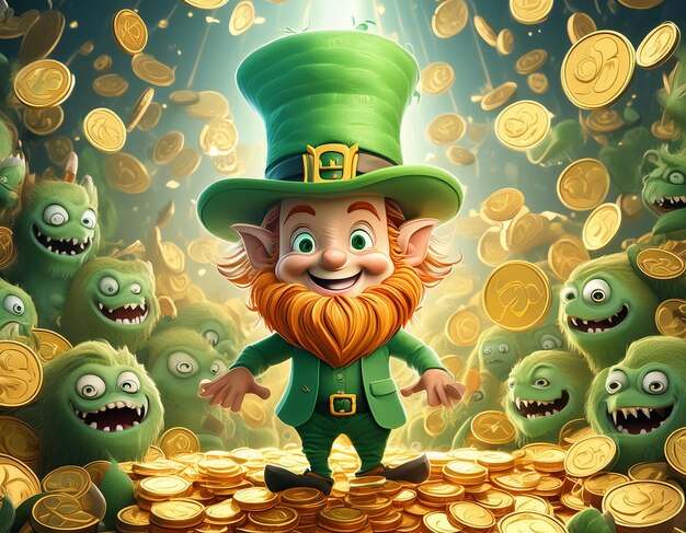 Personagem de desenho animado Leprechaun no Dia de São Patrício entre moedas de ouro cercadas por monstros