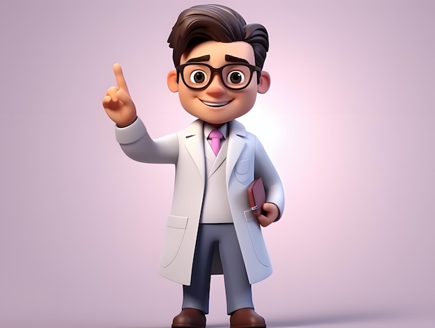 Personagem de desenho animado médico 3D com expressão séria e comportamento amigável