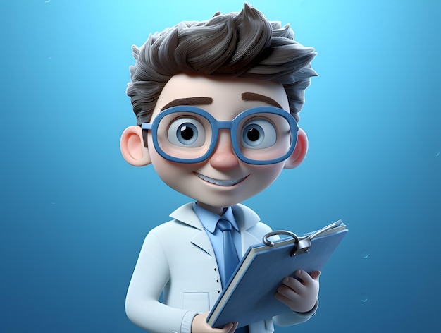 Personagem de desenho animado médico 3D com expressão séria e comportamento amigável