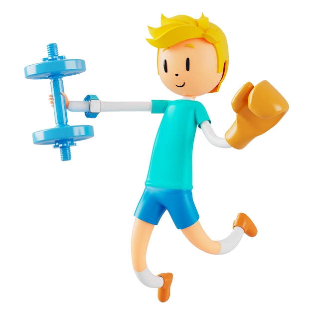 Personagem de desenho animado menino e menina com objetos esportivos ilustração 3d homem de ação de atividade física em um jogo de esportes conceito saudável 3d ação de exercício de bola design de smartwatch para smartphone