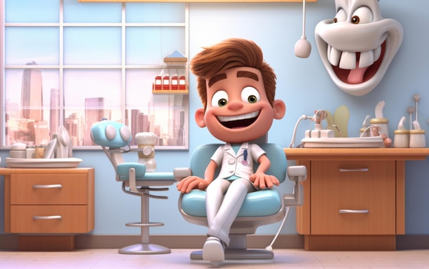 Foto personagem de desenho animado na cadeira do dentista.