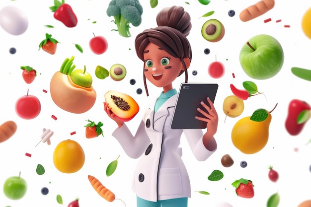 Foto personagem de desenho animado nutricionista com frutas e legumes conceito de alimentação e dieta saudável