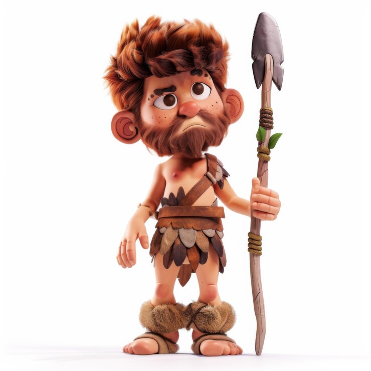 Foto personagem de desenho animado parecido com um homem das cavernas segura uma lança e um bastão em uma pose dinâmica