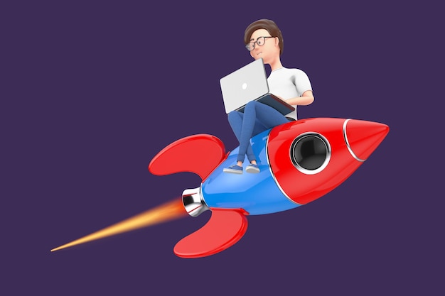 Foto personagem de desenho animado pessoa empresário com laptop trabalhando sobre um foguete sobre um fundo azul. renderização 3d
