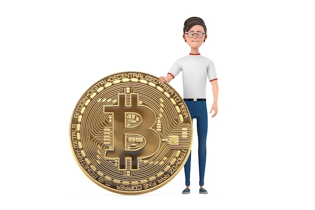 Personagem de desenho animado pessoa homem com renderização 3d de moeda bitcoin dourada digital e criptomoeda