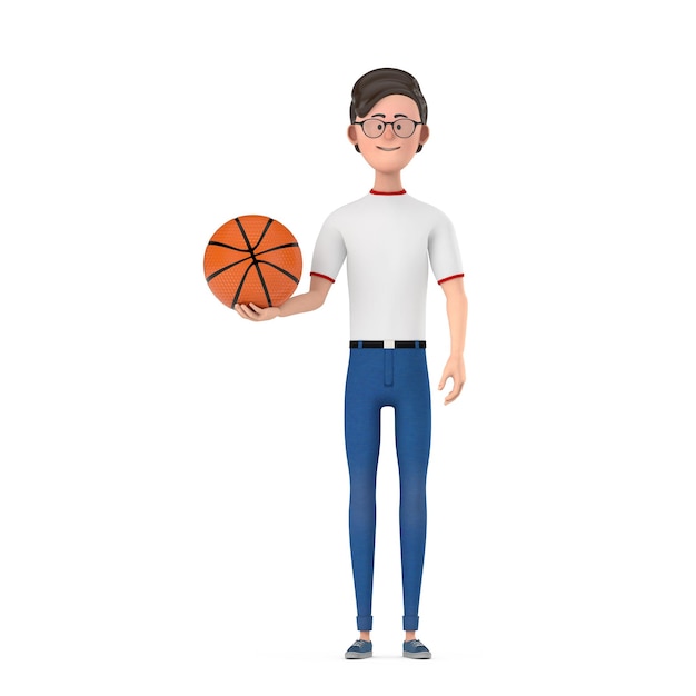 Personagem de desenho animado pessoa homem com renderização em 3d de bola de basquete