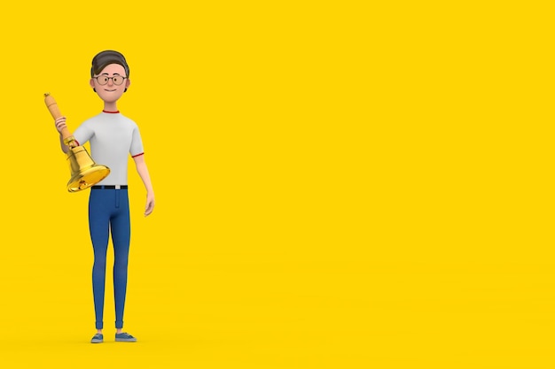 Personagem de desenho animado Pessoa Homem com Renderização em 3d de Sino Escolar Dourado Vintage