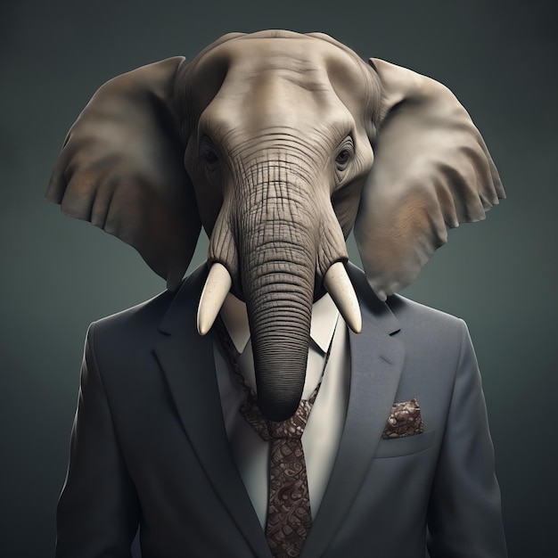 Personagem de desenho animado profissional de elefante vestido com trajes de negócios cinzentos