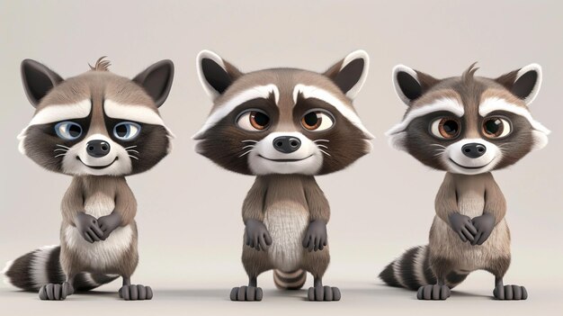 Personagem de desenho animado raccoon render vector positivo alegre raccoon ilustração 3D