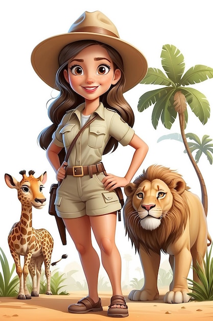 Foto personagem de desenho animado safari girl em fundo branco