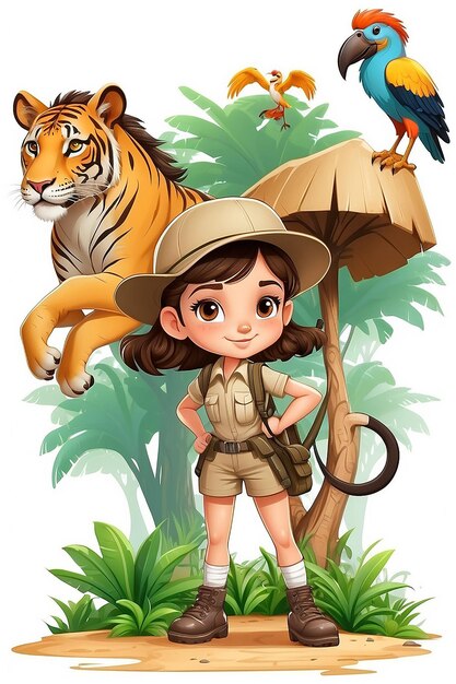 Foto personagem de desenho animado safari girl em fundo branco