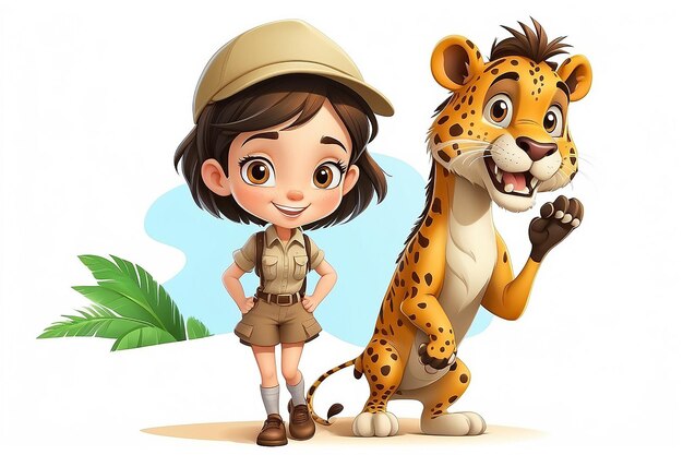 Foto personagem de desenho animado safari girl em fundo branco