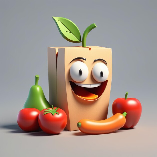 Foto personagem de desenho animado segurando legumes e frutas ilustração 3d personagem de animação segurando vegetais