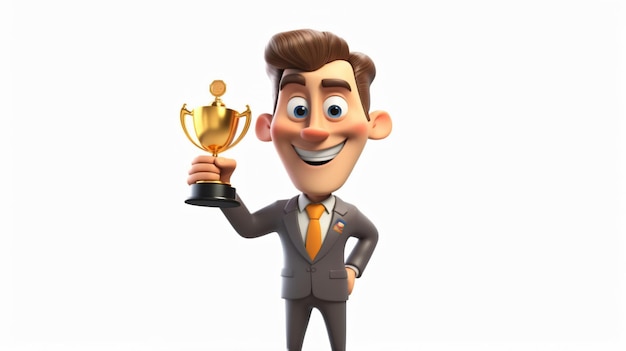 Personagem de desenho animado segurando um troféu que diz 'chefe' nele