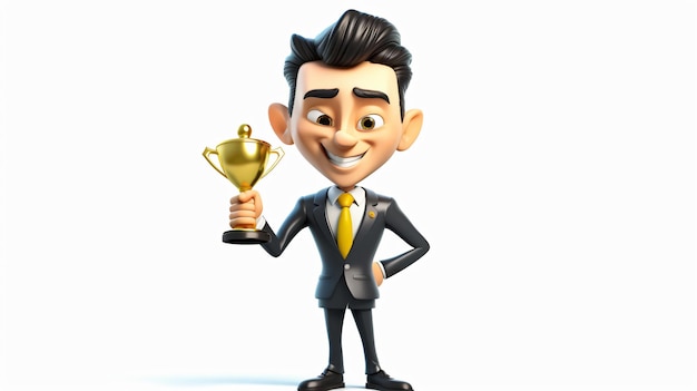 Personagem de desenho animado segurando um troféu que diz 'win'