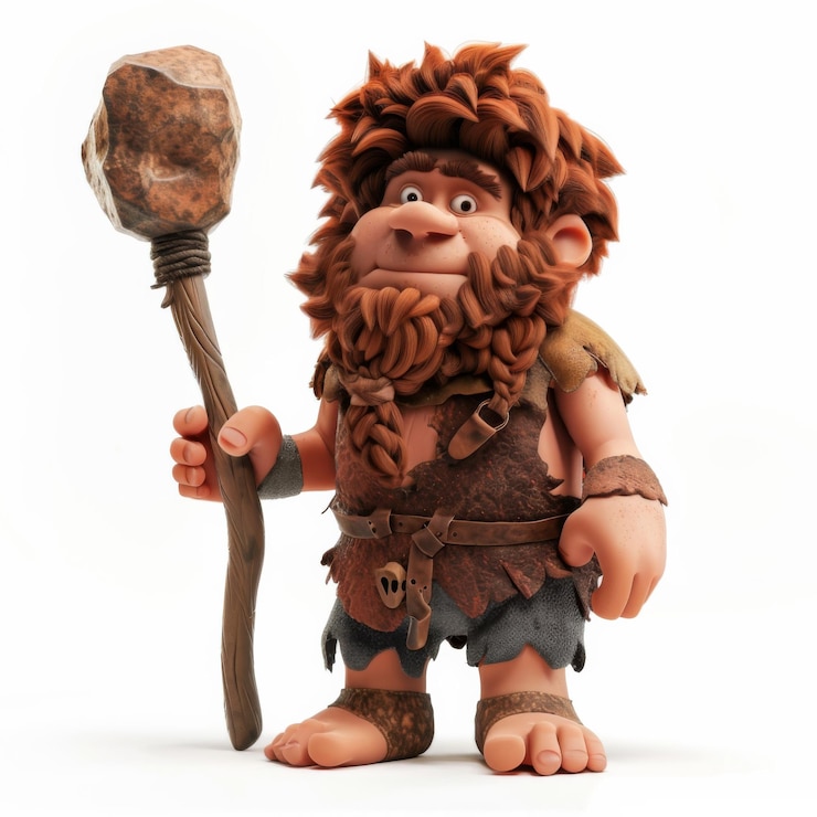 Foto personagem de desenho animado segurando uma pedra e um bastão como um guerreiro primitivo