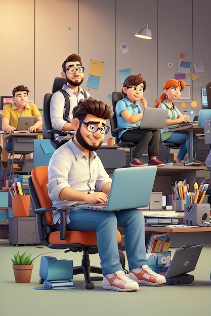 Personagem de desenho animado senta-se com um designer de codificação de laptops ou chefe e gerente de escritório