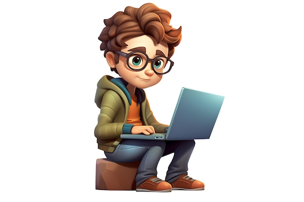 personagem de desenho animado sentado em uma pedra com um laptop