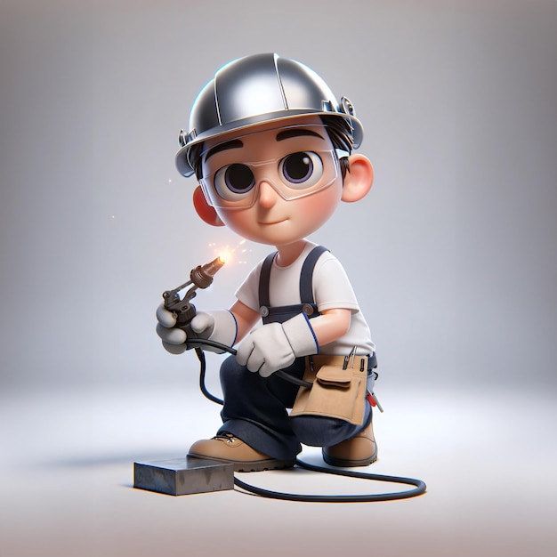 Foto personagem de desenho animado trabalhando segurando uma tocha de soldagem